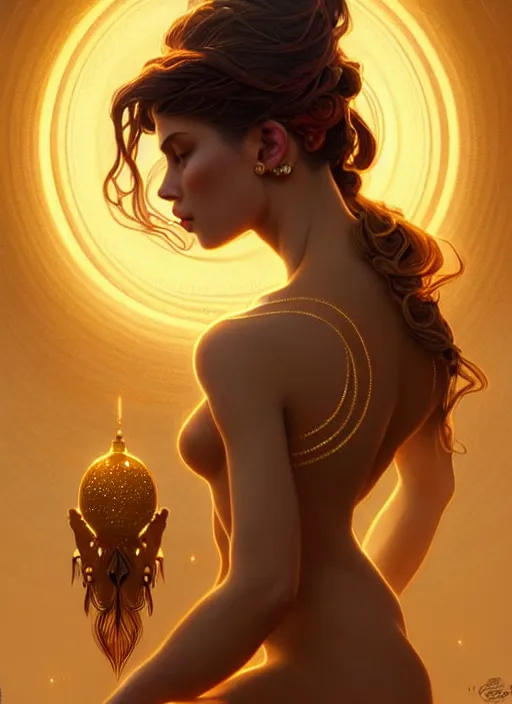 Image similar to a beautiful cinematic female sand goddess, golden dress, glow golden tatto, galatic shamen with Quantum energy fantasy, fantasy magic, undercut hairstyle, dark light night, intricate, elegant, sharp focus, illustration, highly detailed, digital painting, concept art, matte, art by WLOP and Artgerm and Greg Rutkowski and Alphonse Mucha, masterpiece