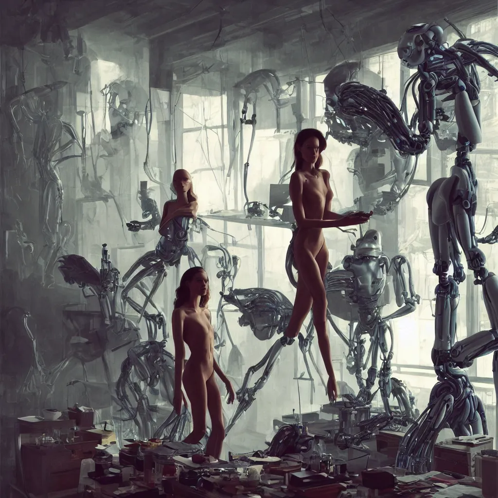 Image similar to extremely detailed cinematic movie still medium shot of supermodel girl artist working in her studio with human like robot hyperreal skin face by denis villeneuve, wayne barlowe, simon birch, marc simonetti, philippe druillet, beeple, alex grey bright volumetric sunlight, rich moody colors, bokeh