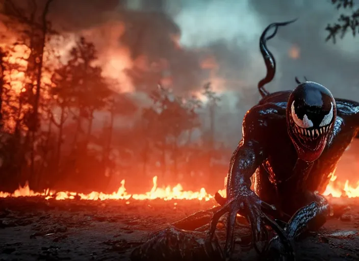 Prompt: venom standing still in a fire around him, ultra realistic 4 k unreal engine very cinematic render with ray tracing bloom ambient occlusion strong reflections depth of field fog