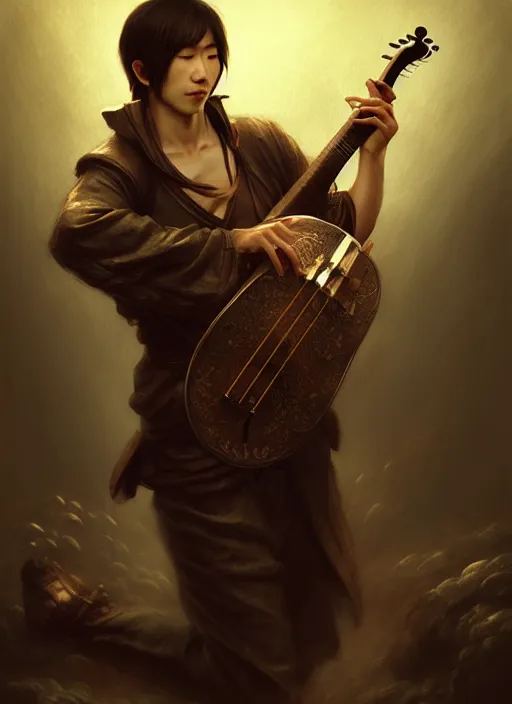 Image similar to modern japanese male bard playing lute, full body, hyper realistic, blade runner, extremely detailed, dnd character art portrait, dark fantasy art, intricate fantasy painting, steampunk, dramatic lighting, vivid colors, deviantart, artstation, by clyde caldwell and krenz cushart and artem demura and john williams waterhouse