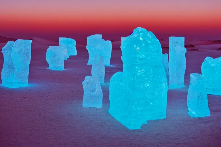 Image similar to cinestill of a huge backlit ice sculpture in the sahara desert