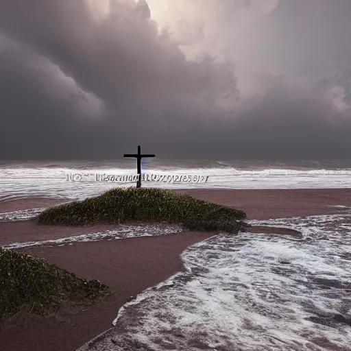 Prompt: a highly detailed portrait of a large cross standing on the beach as a storm comes in with the tide, a beautiful blonde woman sitting in the sand watching the ocean, epic fantasy, god rays, rocky beach, aerial photography, volumetric lighting, octane render, exquisite detail, 8 k, art by norman rockwell and albert bierstadt