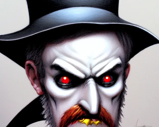 Image similar to closeup profile portrait of jack the ripper as batman, nicoletta ceccoli, mark ryden, lostfish, max fleischer, hyper realistic, artstation, illustration, digital paint, matte paint, vivid colors, bright, cheerful, detailed and intricate environment