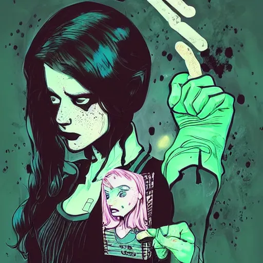 Image similar to Highly detailed portrait of pretty punk zombie young lady with, freckles and beautiful hair by Atey Ghailan, by Loish, by Bryan Lee O'Malley, by Cliff Chiang, inspired by image comics, inspired by graphic novel cover art, inspired by izombie, inspired by scott pilgrim !! Gradient green, black and white color scheme ((grafitti tag brick wall background)), trending on artstation