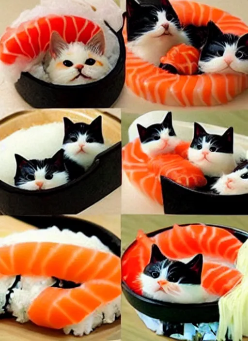 Image similar to clear photorealistic picture of adorable cats made out of sushi