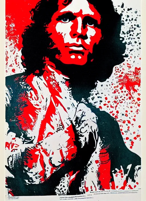 Image similar to Jim Morrison Poster, 1970's, Art Poster, screen print, Cream paper, black, red and cyan ink