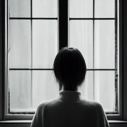 Image similar to a woman sitting on a window sill looking forward out the window, hands on cheeks, grey sweater, a stock photo by chen jiru, tumblr, aestheticism, movie still, pretty, pixiv