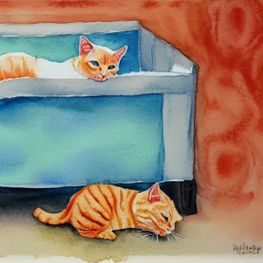 Prompt: A little baby and orange tabby cat cuddling asleep in a crib, watercolor painting.