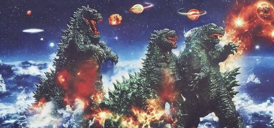 Image similar to 2pac fighting godzilla in space