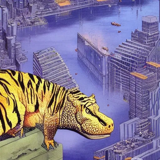 Image similar to a hybrid animal half crocodile and half tiger, futuristic city scape, rule of thirds, painting by moebius