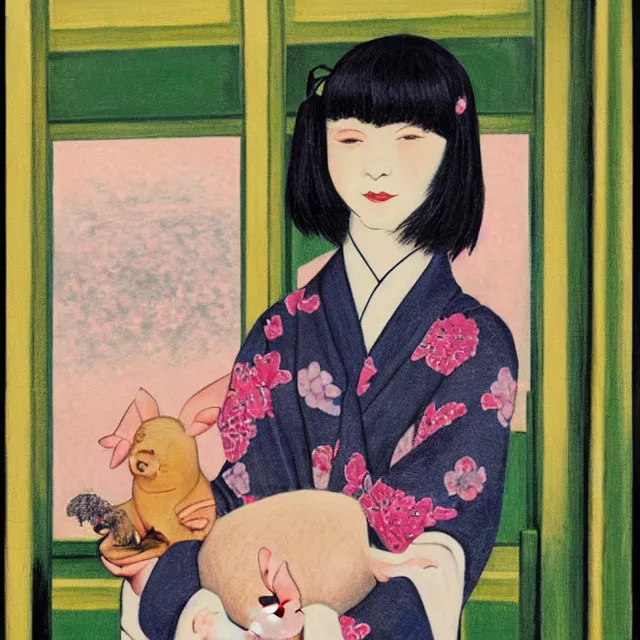 Image similar to tall emo female artist holding small portraits and piglet on a train, wearing a kimono, on yamanote line in japan, tokyo station, summer, sweat, ice coffee, pigs, octopus, acrylic on canvas, surrealist, by magritte and monet