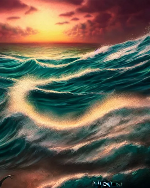 Image similar to sea with huge tsunami rolling waves, shore, sunset, hyper realistic, artstation, illustration, nicoletta ceccoli, mark ryden, lostfish, dan decarlo, bob clampett, max fleischer, digital paint, matte paint, vivid colors, detailed and intricate environment