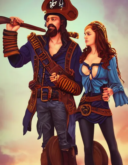 Image similar to couple in love. fully clothed armed female pirate captain, rachel wall, with a male pirate partner, sun, summer, blue eyes, beauty, wisdom, love, strength, knowledge, smart, portrait, symmetrical, highly detailed, digital painting, artstation, smooth, sharp focus, illustration, strength, art nouveau. 8 k