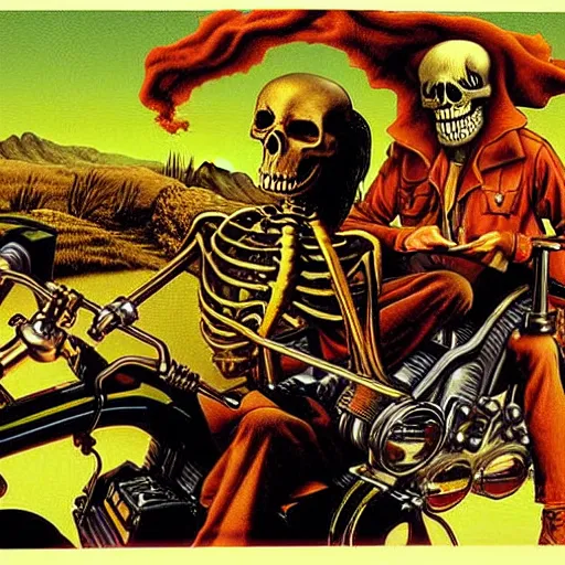Image similar to richard corben style album cover artwork painting of ghost rider skeleton on a motorcycle