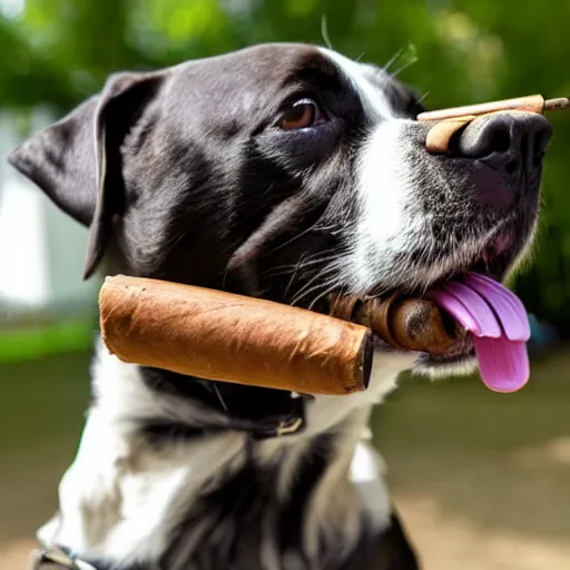 Image similar to a photo of a dog in a park with a small cigar in his mouth