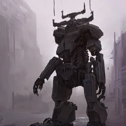 Image similar to concept art by greg rutkowski, a fifteen meter mecha in the shape of an armored hoplite, in a futuristic and brutalist environment, epic, uncanny atmosphere, low light, scary atmosphere, scifi, highly detailed portrait, digital painting, artstation, concept art, smooth, sharp foccus ilustration, artstation hq