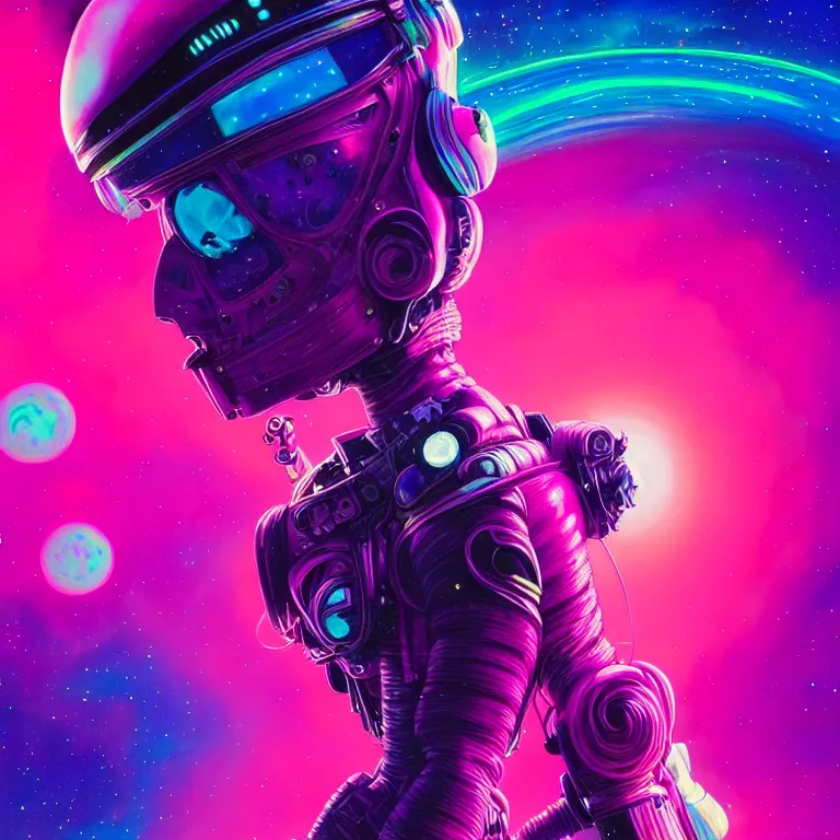 Image similar to cosmic astronaut girl pink hair, 2 0 yo, close - up, synthwave, bright neon colors, highly detailed, cinematic, tim white, roger dean, michael whelan, jim burns, bob eggleton, philippe druillet, kubrick, alfred kelsner, vallejo