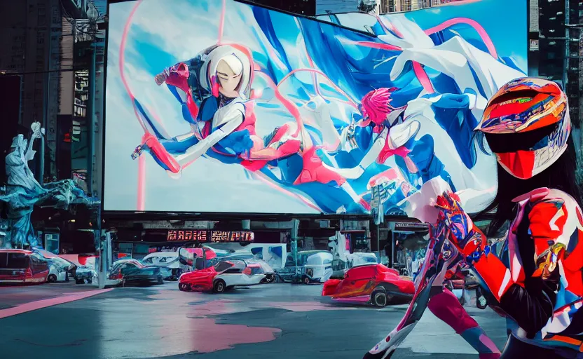 Prompt: billboard advertisement with an extremely beautiful photo of a white marble statue of an anime girl with colorful motocross logos and motorcycle helmet with closed visor, colorful smoke in the background, carved marble statue, fine art, neon genesis evangelion, virgil abloh, offwhite, denoise, highly detailed, 8 k, hyperreal