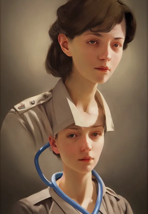 Image similar to a portrait of a tired female nurse in world war 2, 1 9 4 0 setting, sad colors, soft lighting, atmospheric, cinematic, moody, in the style of ilya kuvshinov, range murata, luiz escanuela, alyssa monk, hyperrealism, rule of thirds, oil on canvas, 8 k