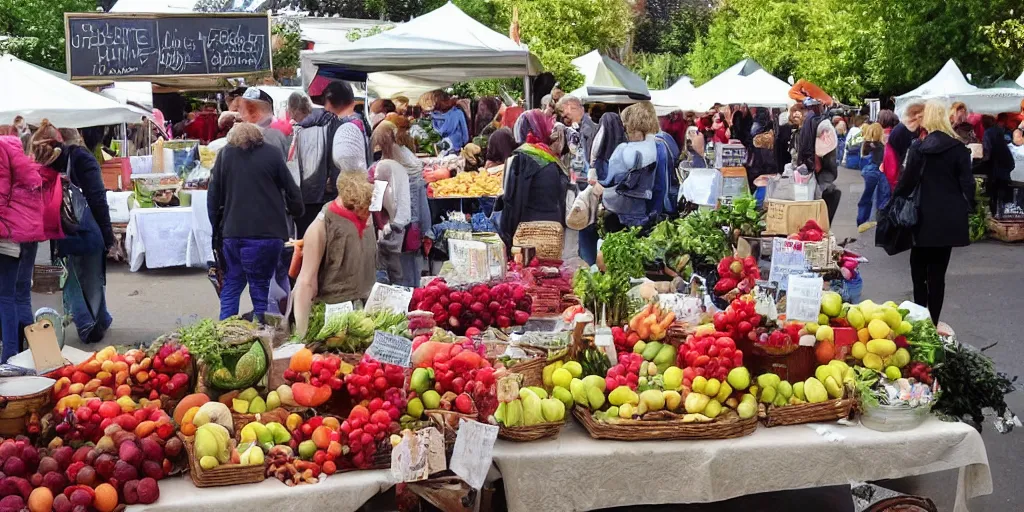 Image similar to a lovely photo, sunday morning at the local farmers market, vendors with fruit and breads, jars of jams and honey, crowds of people, flowers and activity all around, happy, fun