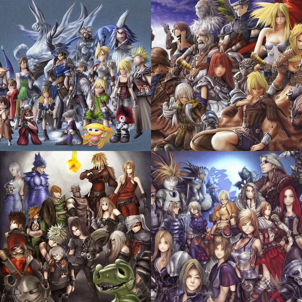 Prompt: digital art hyperrealistic final fantasy 9 all heroes and villains united again a common evil