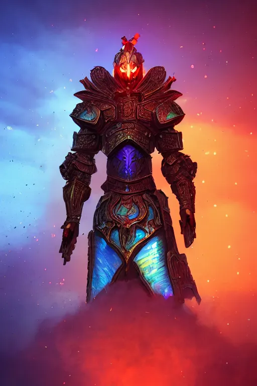 Prompt: warrior in glowing azure plate armor standing in doorway to hell which is sliced by a iridescent glass cracks shattering the sky , centered, crimson clouds, besinski style , 6 billion demons style, background art deco palace, photorealism, 8k, artstation trending, Ray Tracing, octane renderer, high detail, vollumetric lighting