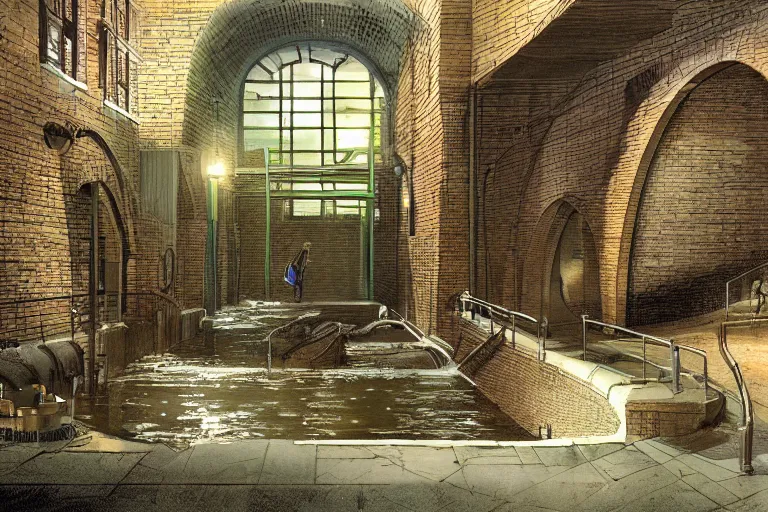 Prompt: James Gurney concept art of wet underground sewer tunnels with gym equipment, water flowing through the sewer, railing along the canal, brick walls, arches, detailed architecture, brass pipes on the walls, a slight green glow emanates from the water, artificial warm lighting, a variety of vivid materials