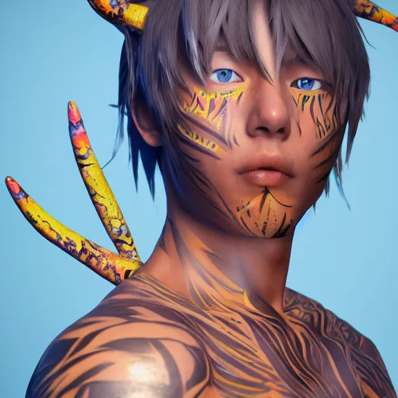 Prompt: 3D render of a cute anime boy covered in tribal body paint, fantasy artwork, contrast, mid-shot, award winning, hyper detailed, very very very beautiful, studio lighting, artstation, unreal engine, unreal 5, 4k, octane renderer