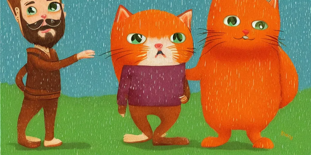 Image similar to a bearded man and an orange tabby kitten standing in the rain by richard scarry