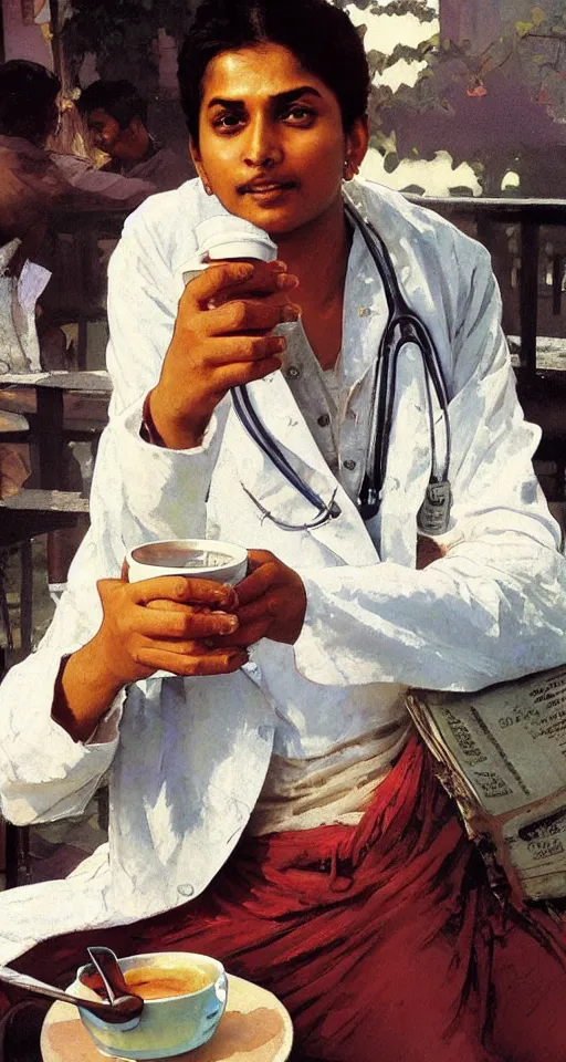 Prompt: close up of a young Indian doctor in scrubs drinking coffee, sun shining, photo realistic illustration by greg rutkowski, thomas kindkade, alphonse mucha, loish, norman rockwell.