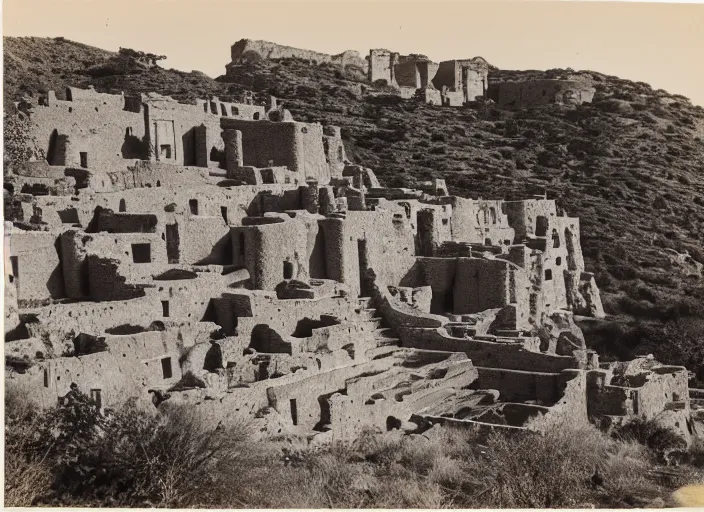 Image similar to Photograph of sprawling cliffside pueblo ruins, showing terraced gardens and narrow stairs in lush desert vegetation in the foreground, albumen silver print, Smithsonian American Art Museum