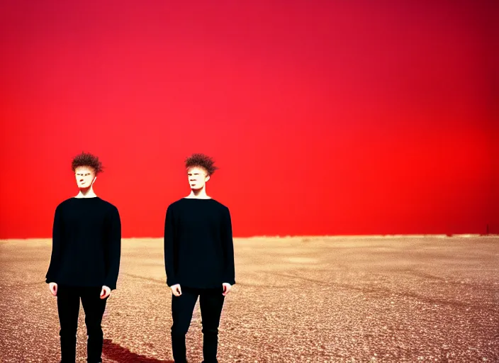 Image similar to cinestill 5 0 d closeup photographic portrait of two clones in front of a brutalist metal building, on a desolate plain, red sky, black oversized clothes, depth of field, 4 k, 8 k, hd, full color