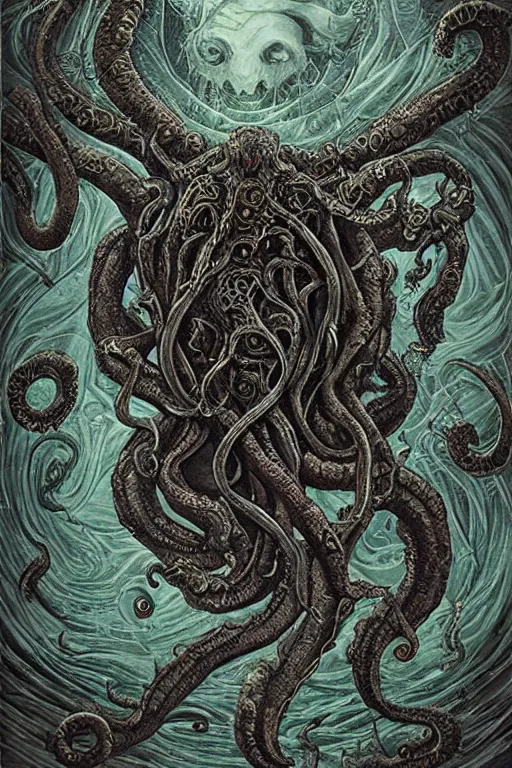 Image similar to ancient eldritch horror cthulhu, concept art, digital art, tarot card, highly detailed, ornate border