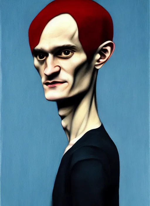 Image similar to vitalik buterin in the style of leonora carrington, gottfried helnwein, raqib shaw, chiaroscuro intricate composition, blue light by caravaggio, insanely quality, highly detailed, masterpiece, red light, artstation