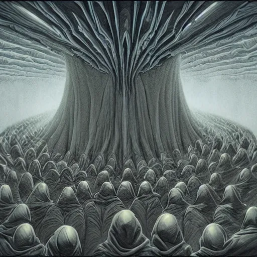 Image similar to a dark cabal of hooded mystics in long robes gathered in a circular formation around a highly advanced machine processing the spirit of a dying man, dan seagrave art, michael whelan