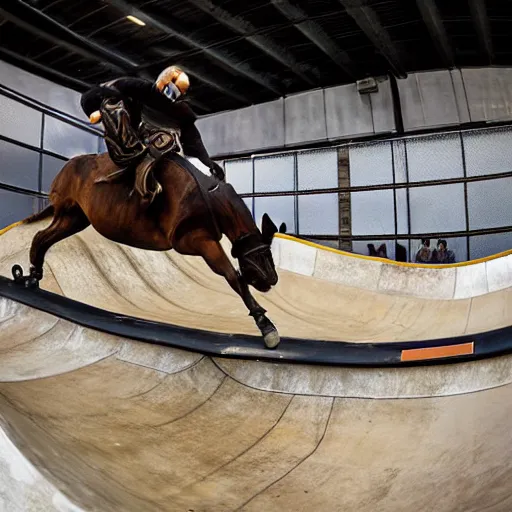 Prompt: roman horse-drawn chariot racer jumping in a skate park half-pipe, video game cover, intense, high detail, crowd cheering, wide lense, style of Tony Hawk