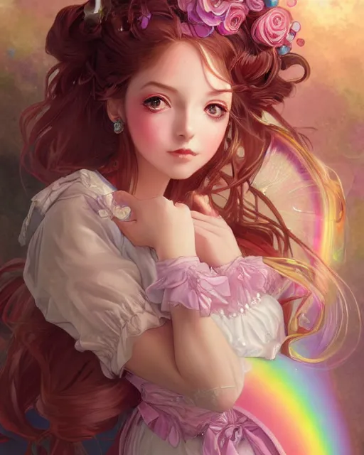 Image similar to portrait of magical lolita girl, dreamy and ethereal, expressive pose, big gold eyes, exciting expression, fantasy, intricate, elegant, many rainbow bubbles, rose tones, highly detailed, anime, artstation, concept art, cyberpunk wearing, smooth, sharp focus, illustration, art by artgerm and greg rutkowskiand alphonse mucha