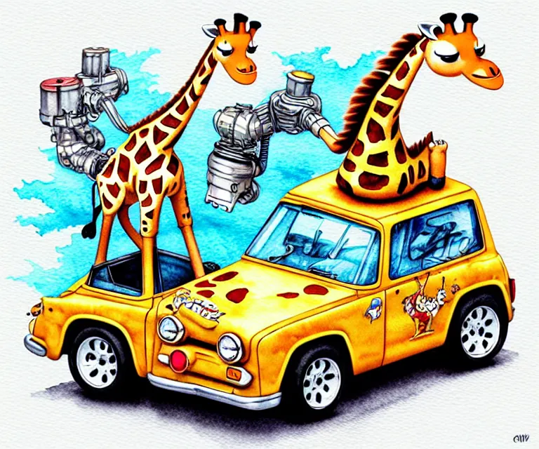 Prompt: cute and funny, giraffe riding in a tiny hot rod with oversized engine, ratfink style by ed roth, centered award winning watercolor pen illustration, isometric illustration by chihiro iwasaki, edited by range murata, tiny details by artgerm and watercolor girl, symmetrically isometrically centered, focused