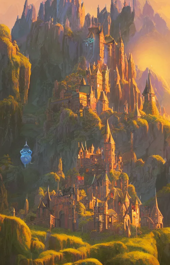 Image similar to magical castle school on a hill, dreamworks, sharp focus, highly detailed, james gilleard, ralph mcquarrie, bright colors, close up, print, game art
