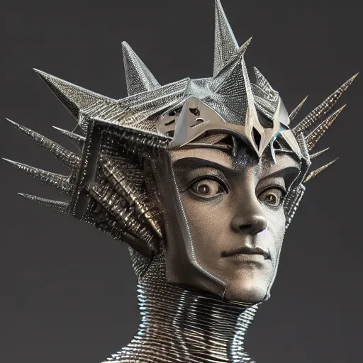 Prompt: a statue of a court jester with spikes on his head, cyberpunk art concept, holographic metallic polygonal shards, by android jones artgerm greg rutkowski gustave dore, cgsociety, intricate platinum cyborg, bionic futurism, fantasy art, angular, zbrush, darksynth, sharp focus 8 5 mm f 1. 8, ray tracing