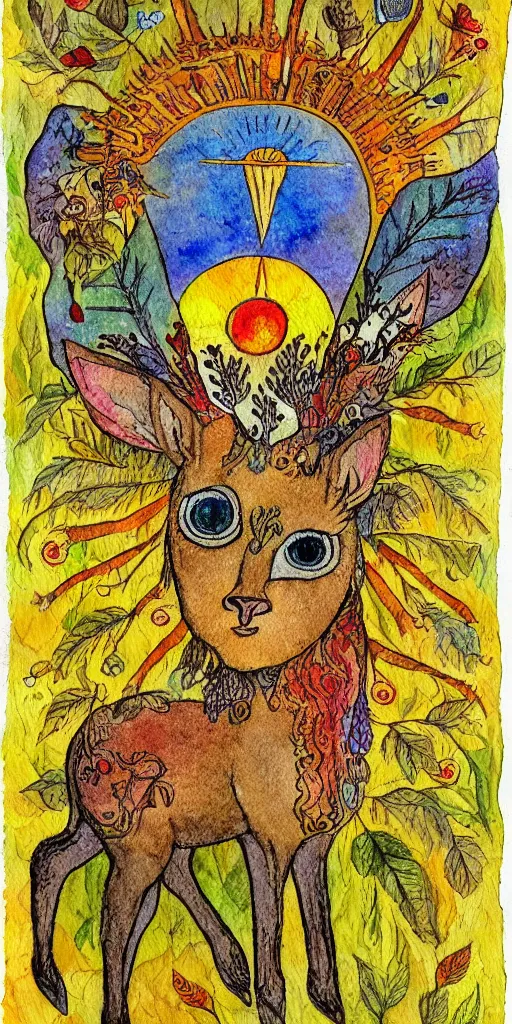 Prompt: tiny golden deer glowing eyes and sun ray mane and singing, children's book illustration, traditional folk art style, watercolor on paper, outsider art, David Palladini, Hisako Aoki, tarot card, Henry Darger, Louis Wain