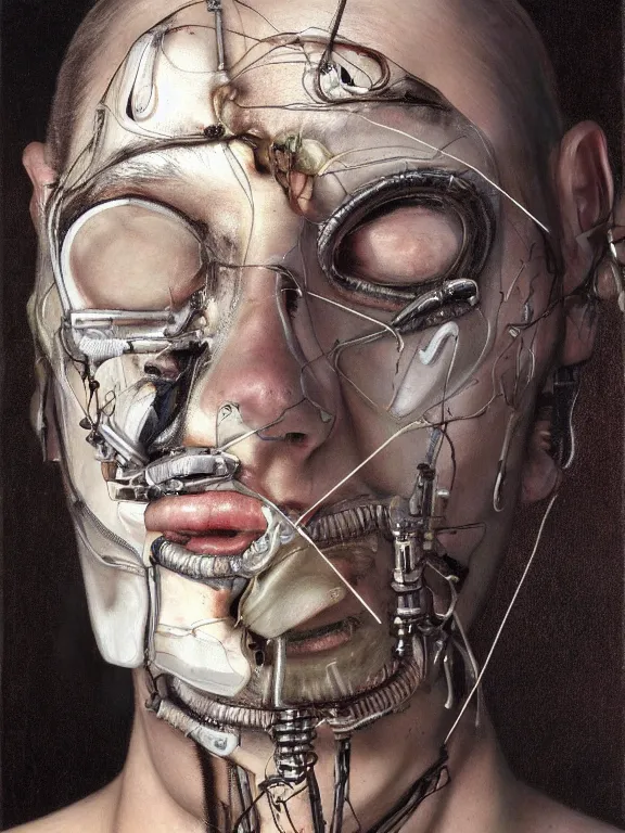 Image similar to cybernetic implants on face, metal jaw, usb port on forehead, portrait by jenny saville, pain, panic, sorrow, concern, mad