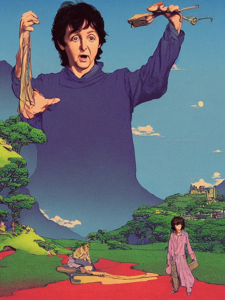 Image similar to an image of paul mccartney as frodo from the lord of the rings, taking mind altering drugs, a blotter paper of lsd acid and dreaming psychedelic hallucinations in the vast shire landscape, by kawase hasui, moebius, edward hopper, colorful flat surreal design, dramatic lighting, hd, 8 k, artstation