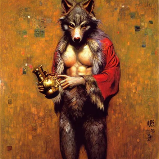 Image similar to a male ratwolfman rat wolf man in a red kimono furry arms furry body walking stick sewers. furaffinity furry art detailed face painting by gaston bussiere craig mullins jc leyendecker gustav klimt artgerm greg rutkowski furry