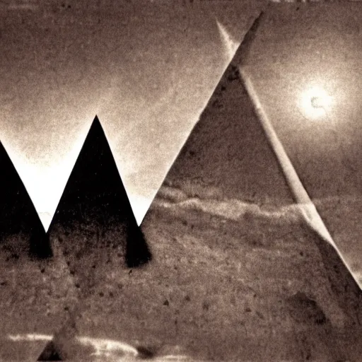 Image similar to a large triangle black spaceship with lights seen in the sky, vintage photo, old, grainy, sepia