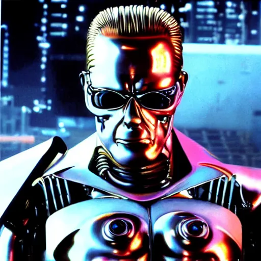 Prompt: terminator t-1000 cyberpunk style, ultra realistic, cinematic,