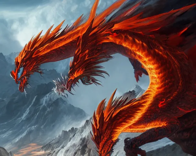 Prompt: giant fire dragon standing on a mountain, highly detailed, 4 k, hdr, award - winning, directed by zack snyder, trending on art station, matte