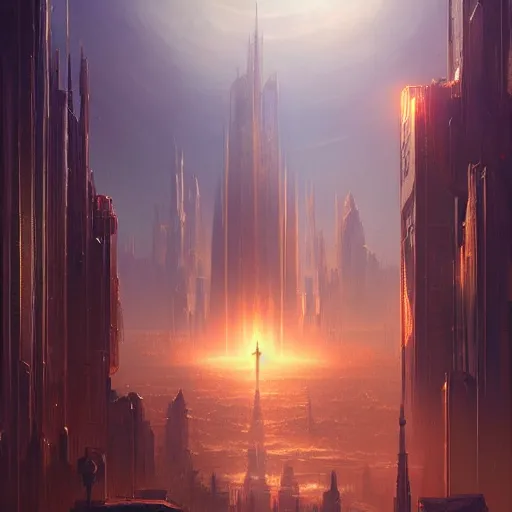 Prompt: a matte painting of beautiful religious golden science fiction city, cinematic lighting, hd, atmospheric, hyper detailed, trending on artstation, deviantart, digital painting, concept art smooth sharp focus illustration, art by artgerm, greg rutkowski, craig mullins and raoul marks