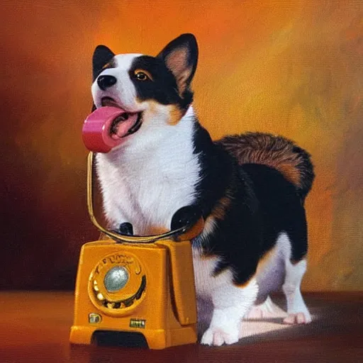 Image similar to corgi dog with a old telephone in his ear by paul lehr and bruce penningtonn