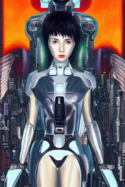 Image similar to white arc-angel with mystic robotic wings, blade runner, akira, ghost in the shell, 2077, ultra detailed, digital art, 8k ,character ,realistic, portrait, hyperrealistic